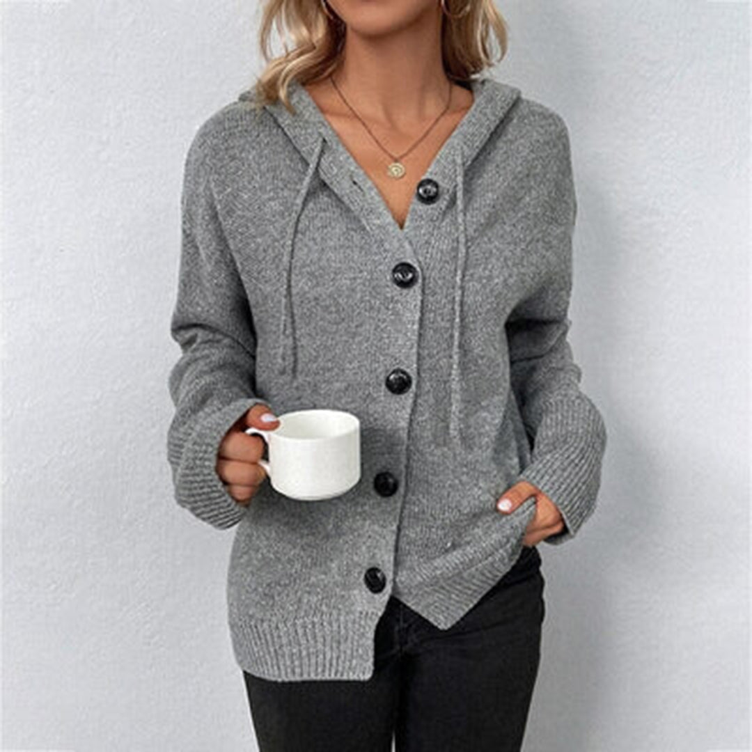 Hazel | Women's Hooded Knit Cardigan - Open Front Button - Grey