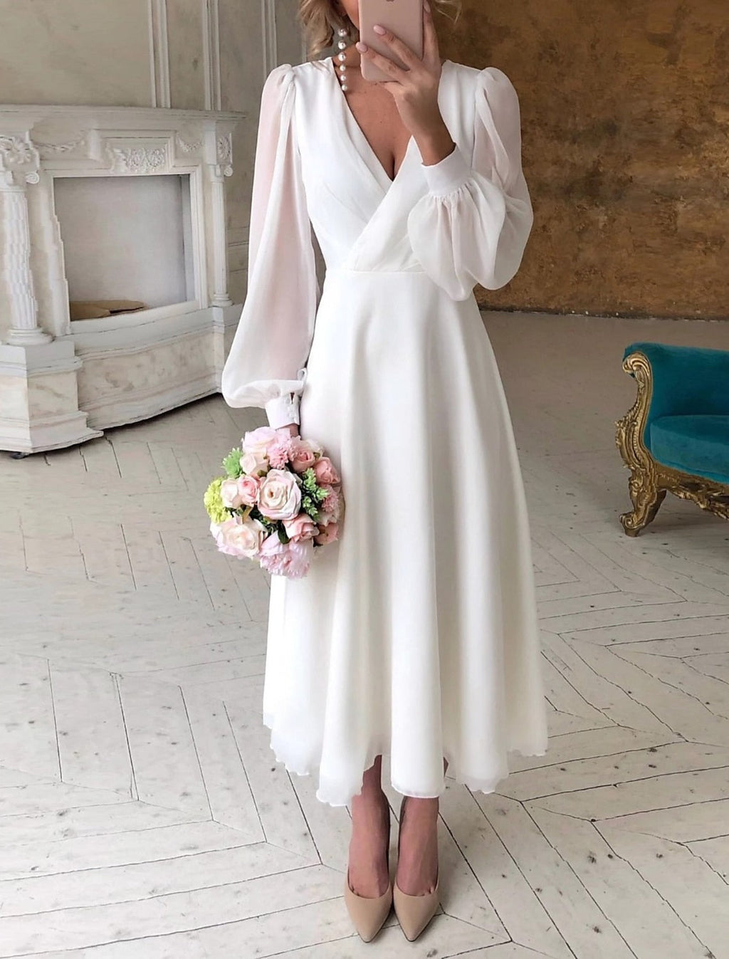 Birgit | Classic Long Sleeve Flowing Wedding Dress - White