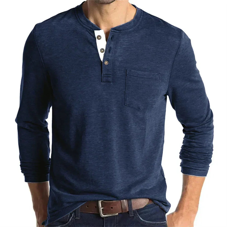 Logan | Classic Henley Shirt - Navy Cotton