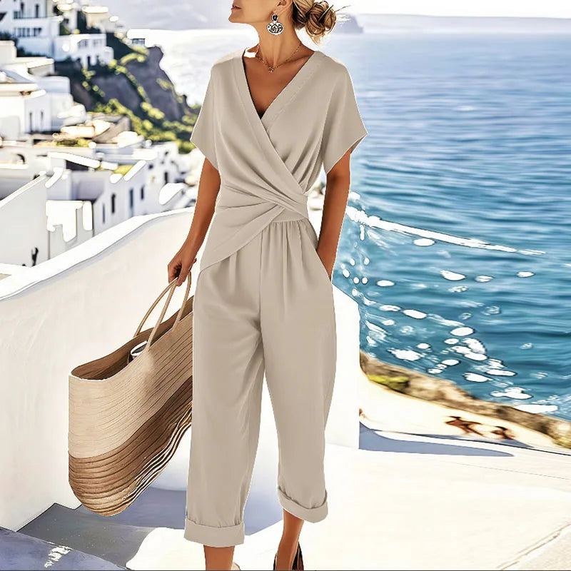 Estelle | Casual Short Sleeve V Neck Jumpsuit - Navy