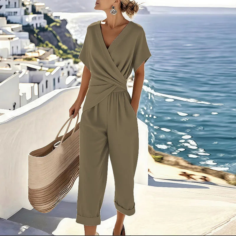 Estelle | Casual Short Sleeve V Neck Jumpsuit - Navy