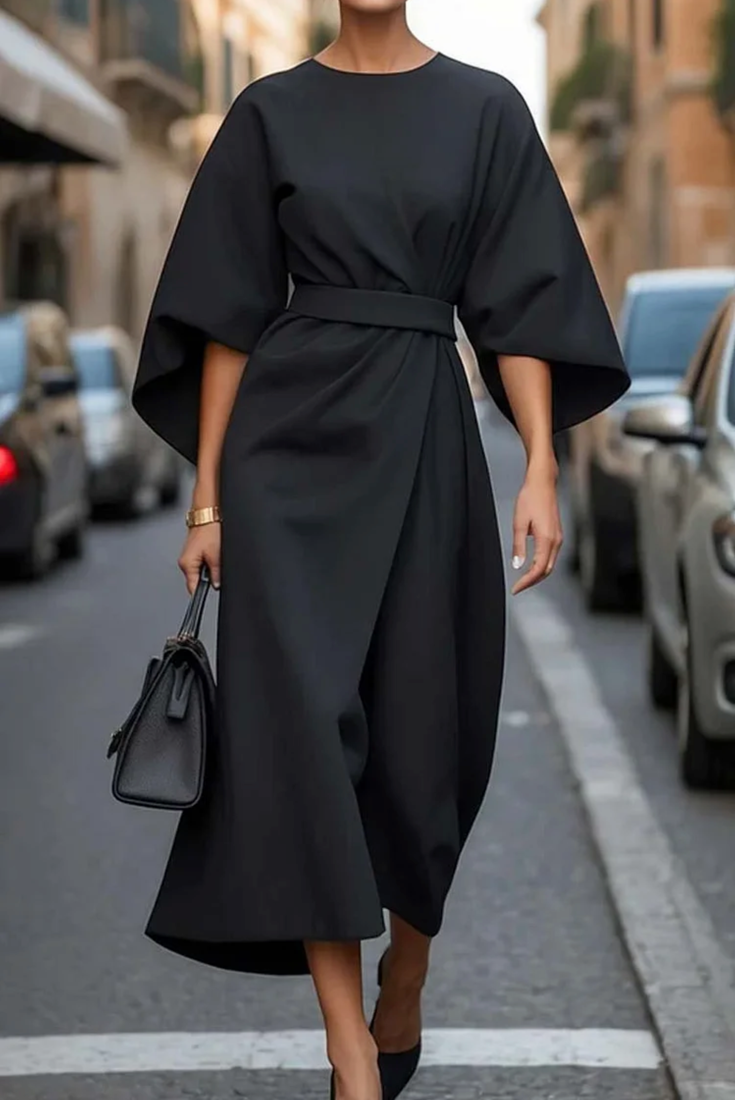 Emma | Elegant Dress with Lantern Sleeves and Belt - Black