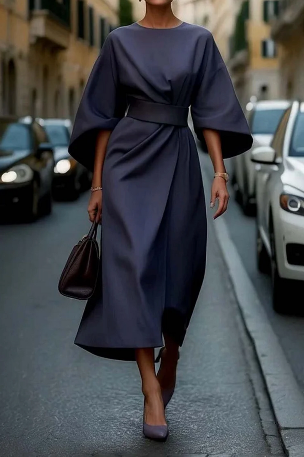 Emma | Elegant Dress with Lantern Sleeves and Belt - Black