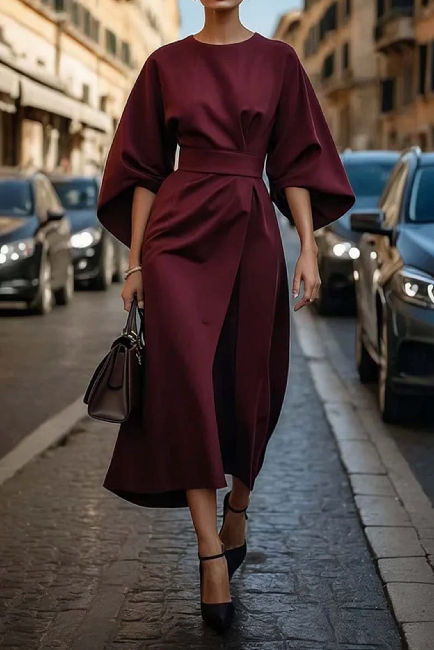Emma | Elegant Dress with Lantern Sleeves and Belt - Black