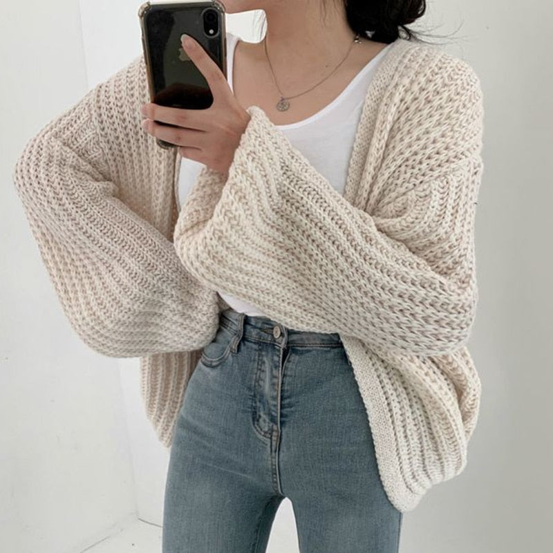 Daisy | Women's Oversized Open Front Sweater - Knit - Beige