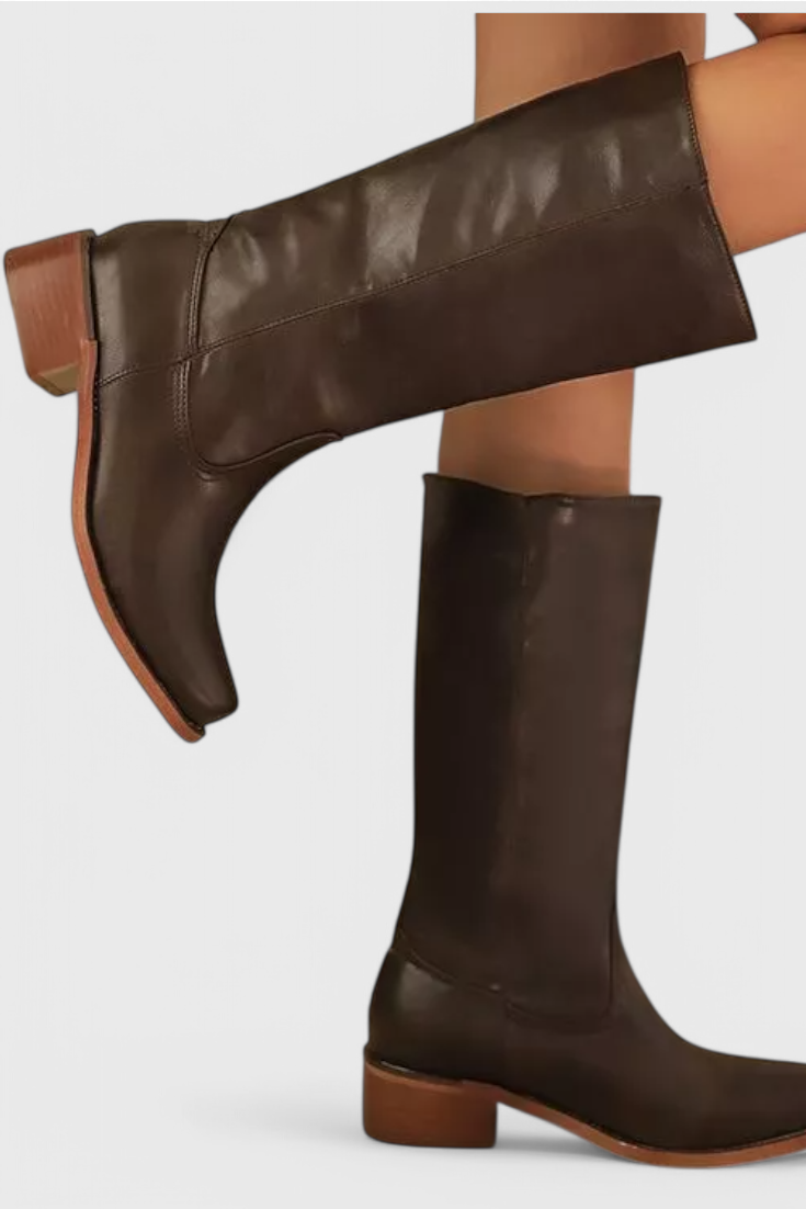 Helene | Leather Knee High Heeled Boots - Black