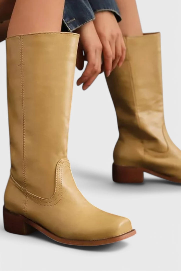 Helene | Leather Knee High Heeled Boots - Black