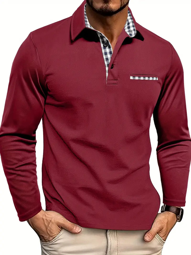 Adriano | Long Sleeve Polo Shirt Check Detail Cotton