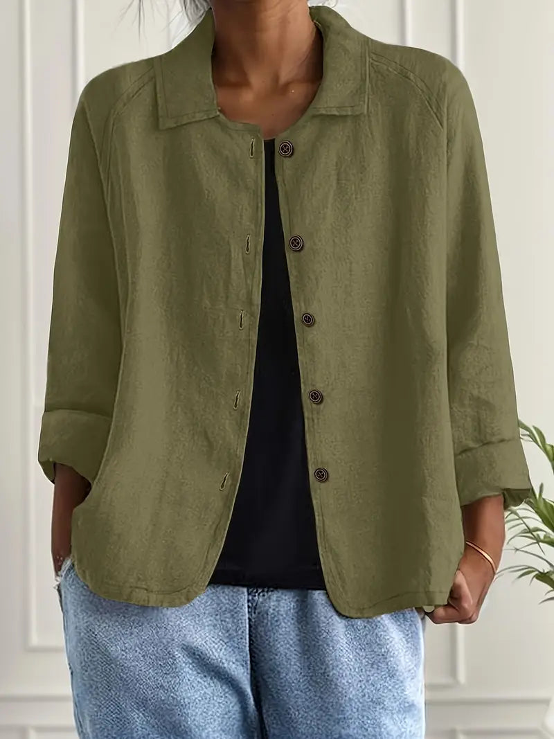 Ella | Casual Button Front Lightweight Jacket - Beige Cotton