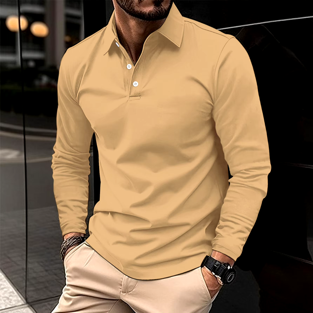 Gideon | Classic Long Sleeve Polo Shirt - Navy Cotton