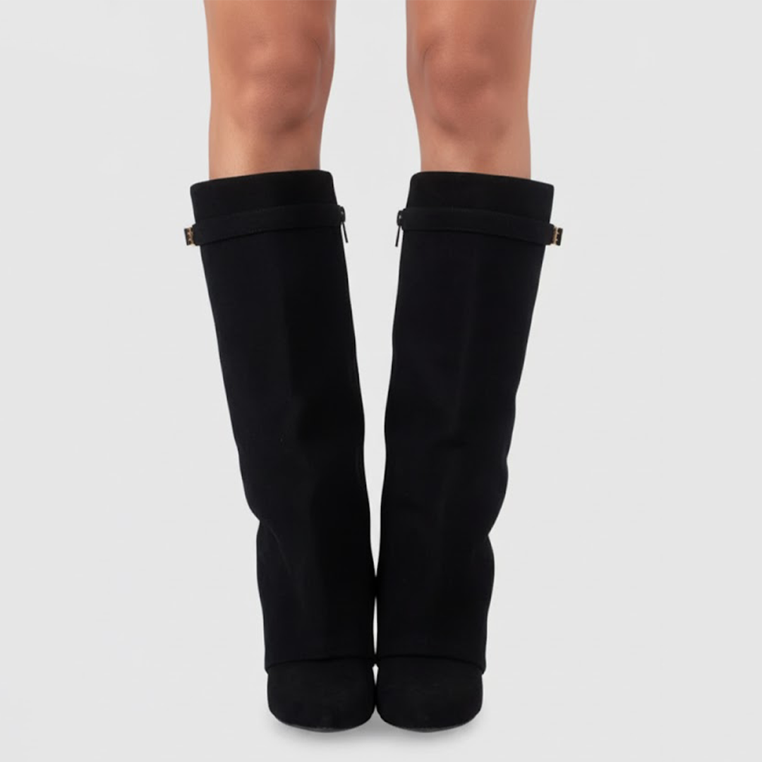 Yvonne | Overknee Stiefel aus Leder mit Schnalle - Schwarz