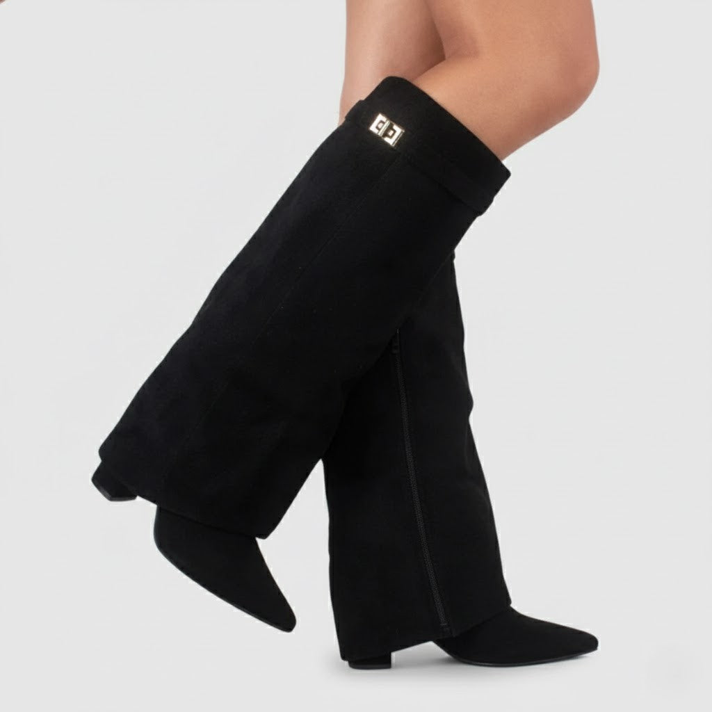 Yvonne | Overknee Stiefel aus Leder mit Schnalle - Schwarz