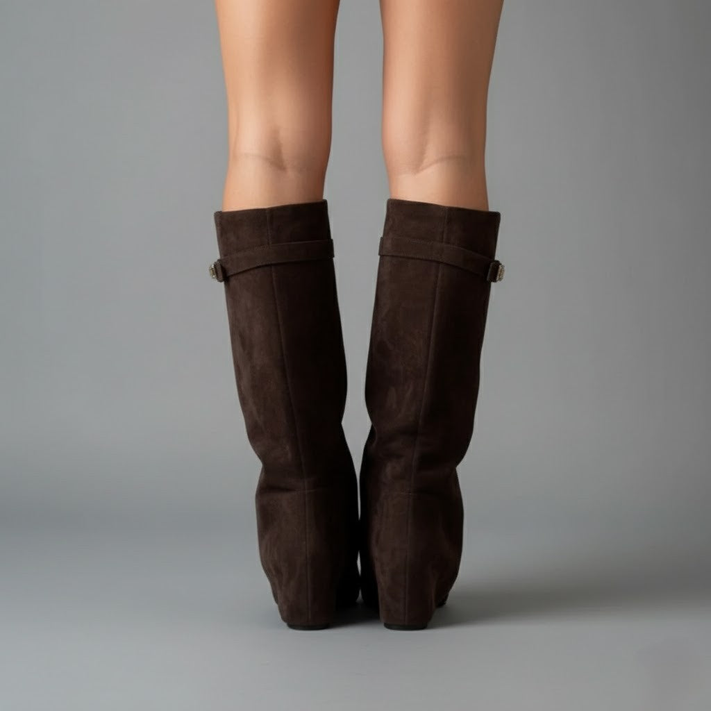 Yvonne | Overknee Stiefel aus Leder mit Schnalle - Schwarz