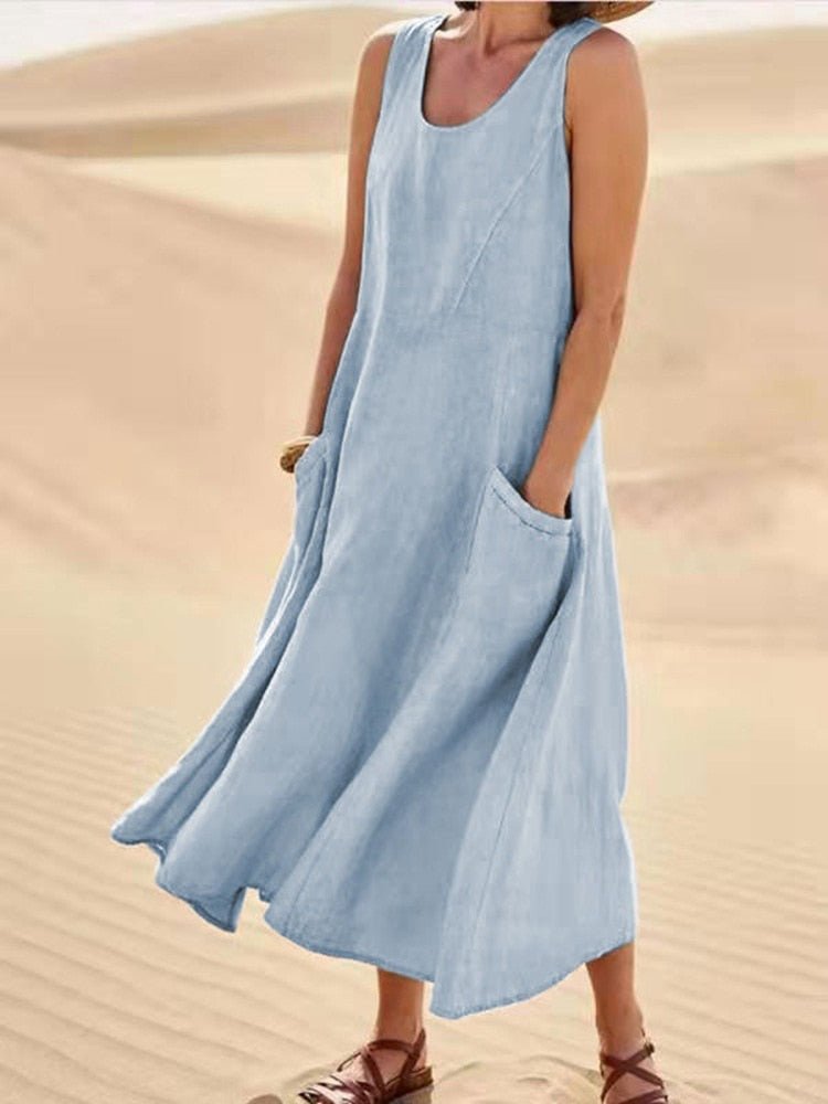 Maria | Maxi Dress Sleeveless Casual - Blue Cotton