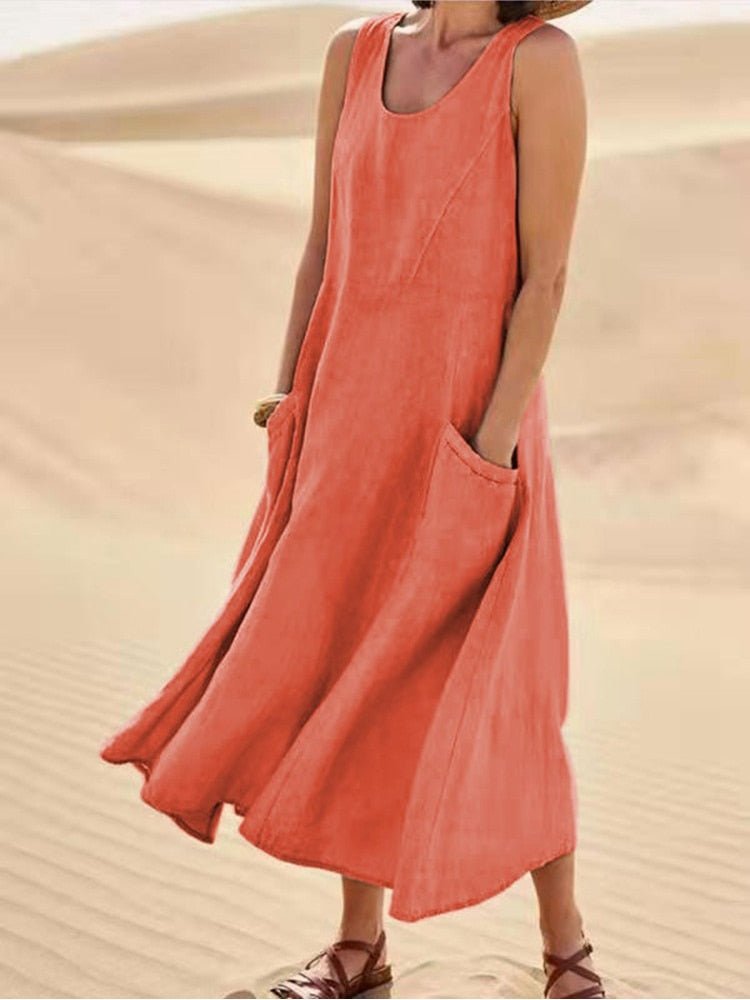 Maria | Maxi Dress Sleeveless Casual - Blue Cotton