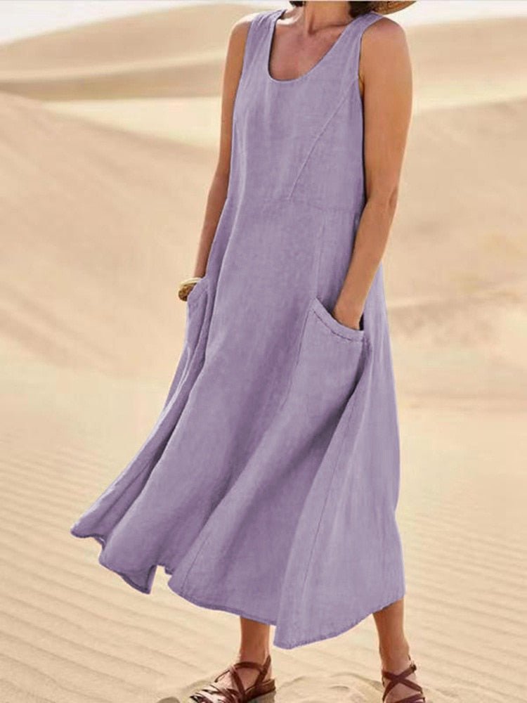 Maria | Maxi Dress Sleeveless Casual - Blue Cotton