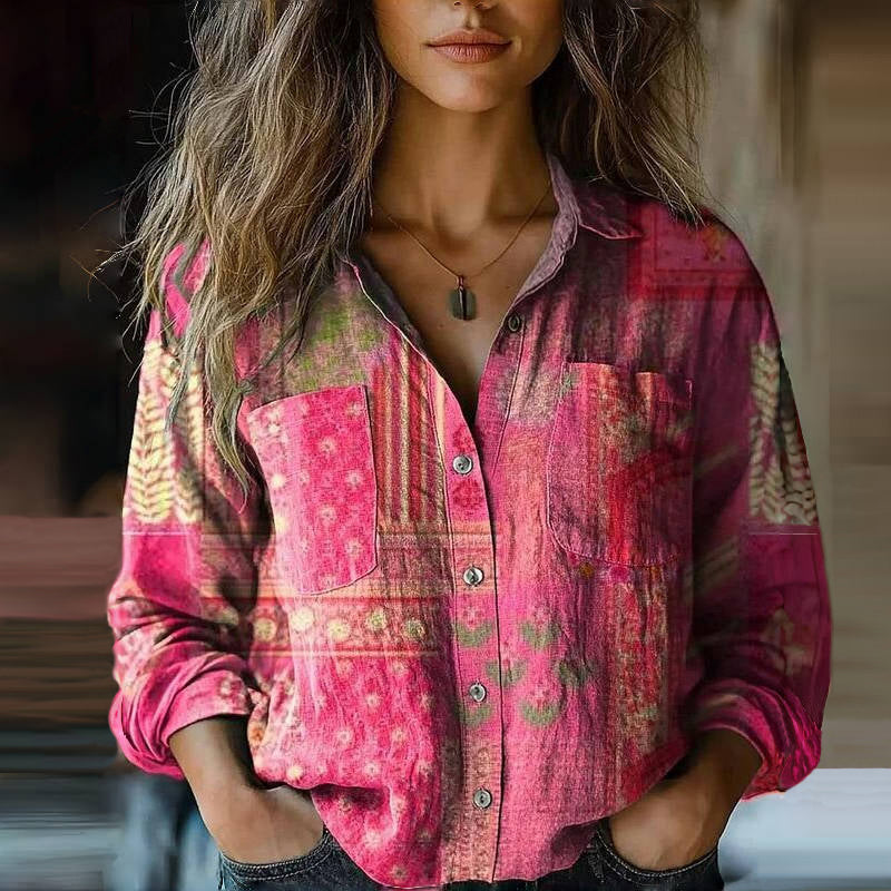 Phoebe | Printed Button Front Long Sleeve Top - Multicolor