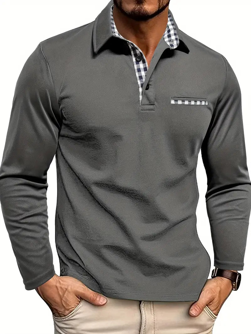 Liam | Long Sleeve Polo Shirt - Navy Cotton