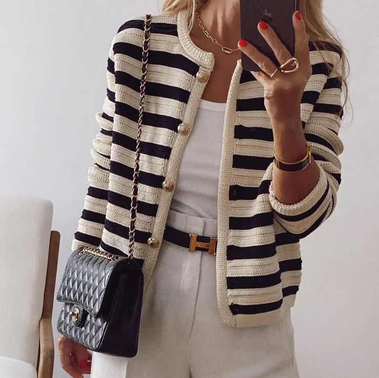 Natalie | Women's Striped Casual Cardigan - Button Front Cotton Blend