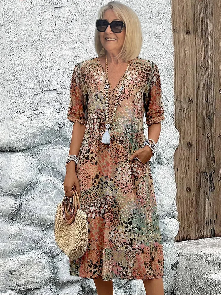 Zomer | V-neck Dress - Knee Length Allover Pattern Comfortable