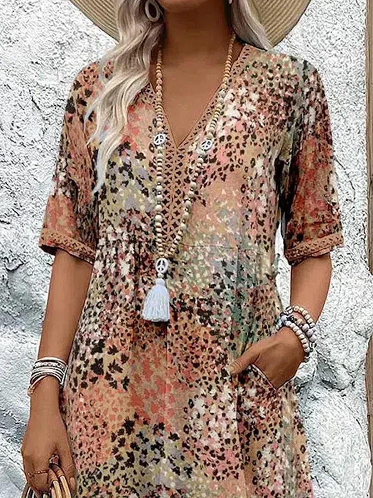 Zomer | V-neck Dress - Knee Length Allover Pattern Comfortable