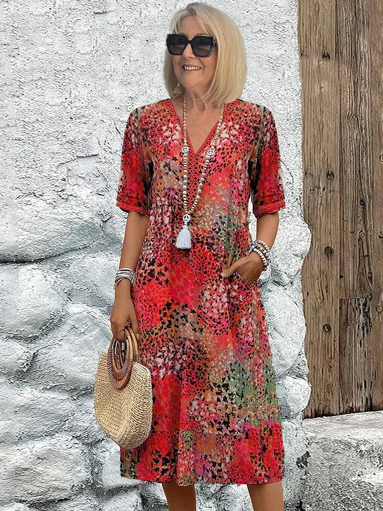 Zomer | V-neck Dress - Knee Length Allover Pattern Comfortable