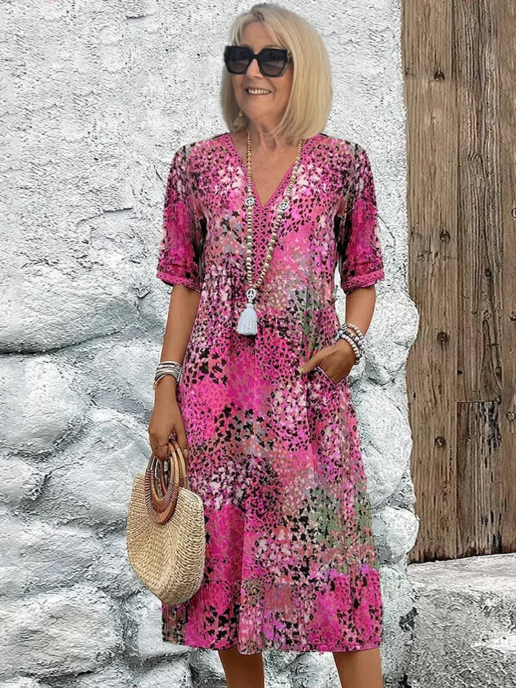 Zomer | V-neck Dress - Knee Length Allover Pattern Comfortable