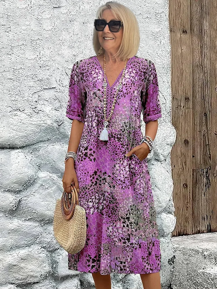 Zomerjurk | V-hals Allover-patroon - Kniehoog en comfortabel
