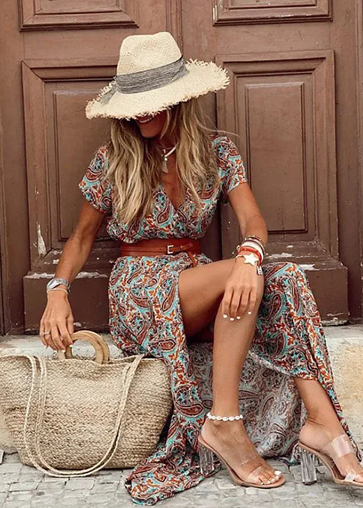 Claire | Printed V Neck Split Maxi Dress - Multicolor