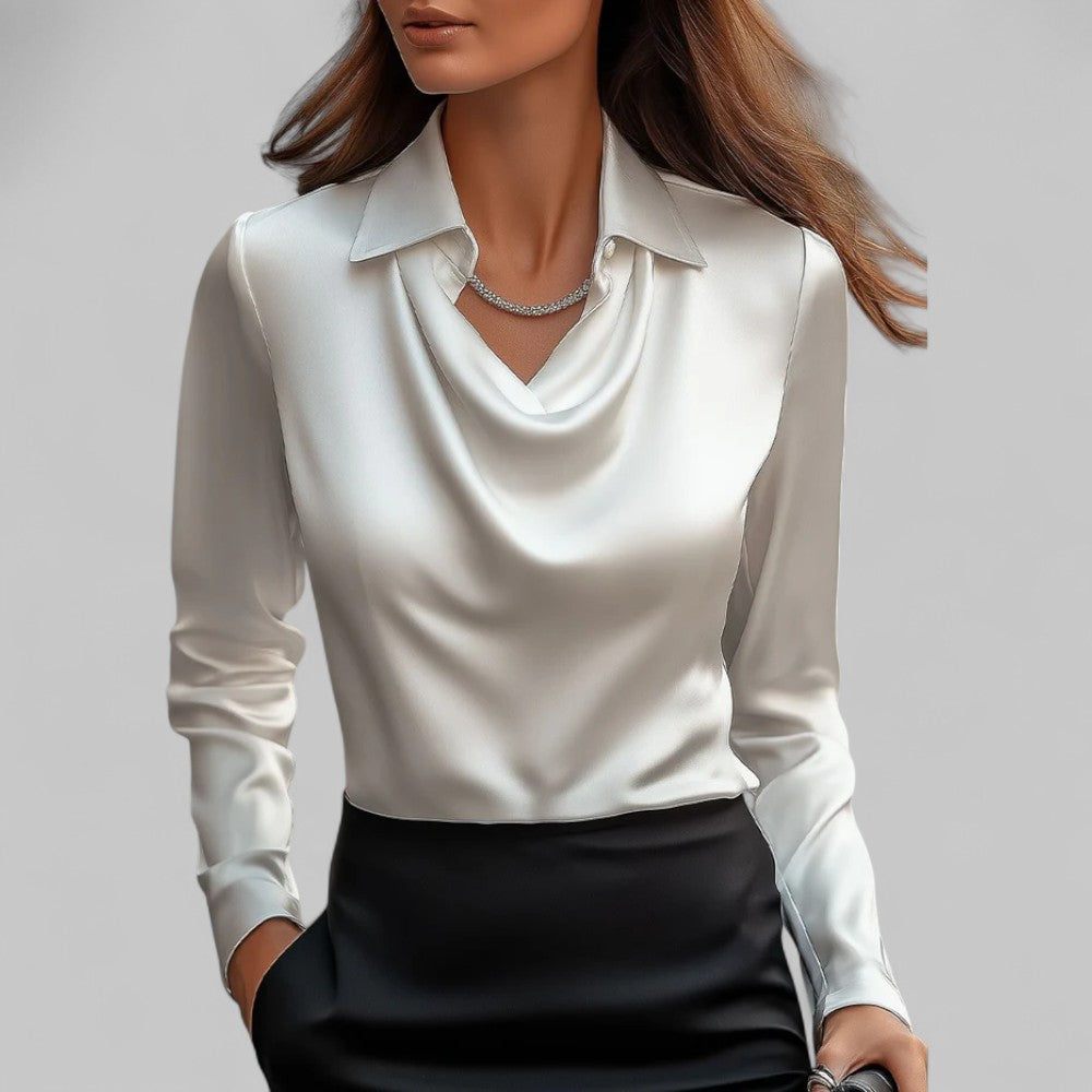 Theresa | Satin Blouse with Waterfall Neckline - Elegant Ivory