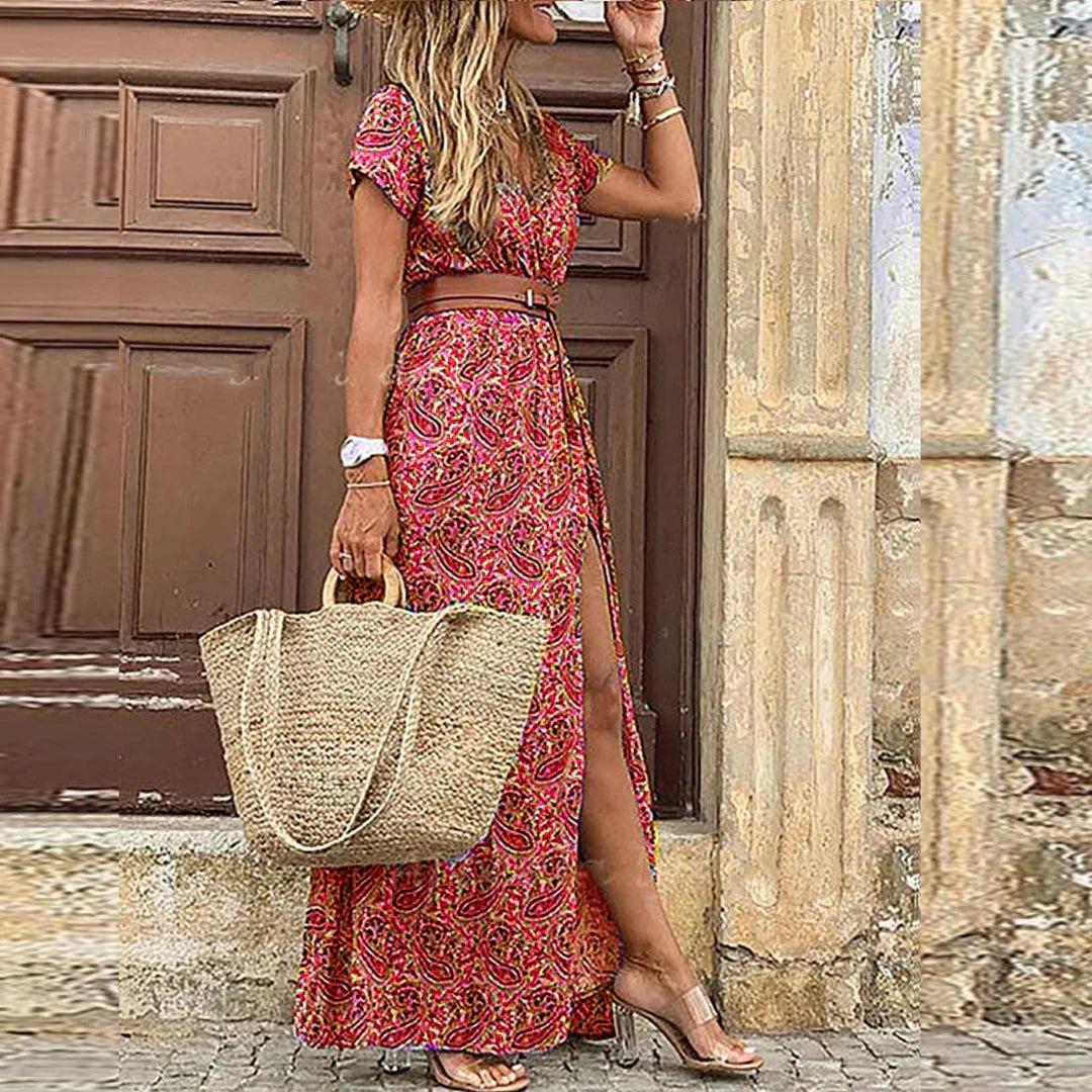 Claire | Printed V Neck Split Maxi Dress - Multicolor