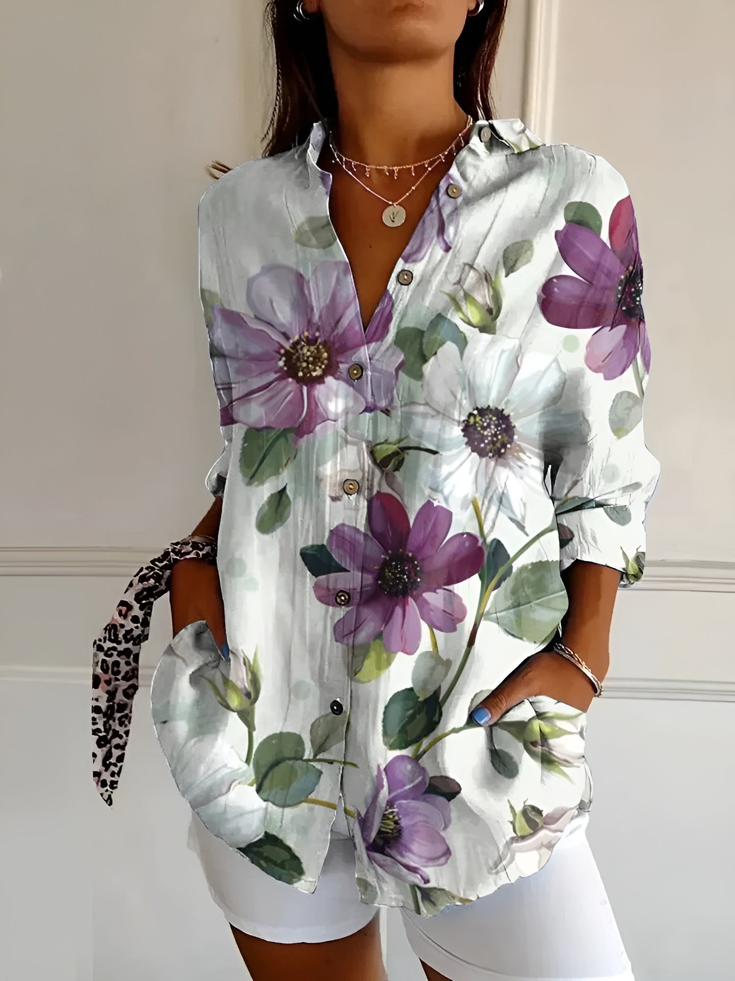 Ella | Floral Button Front Blouse - White