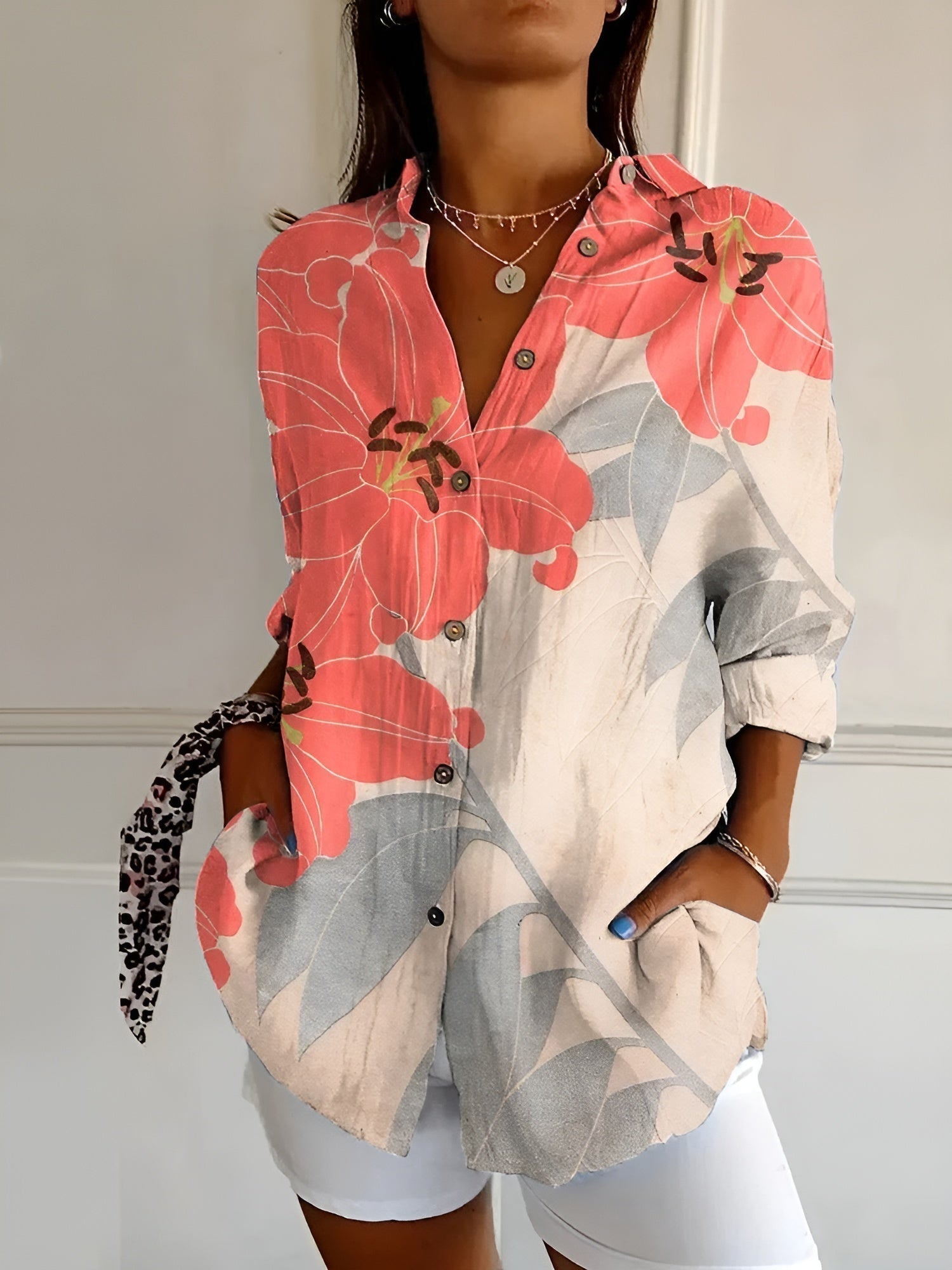 Ella | Floral Button Front Blouse - White