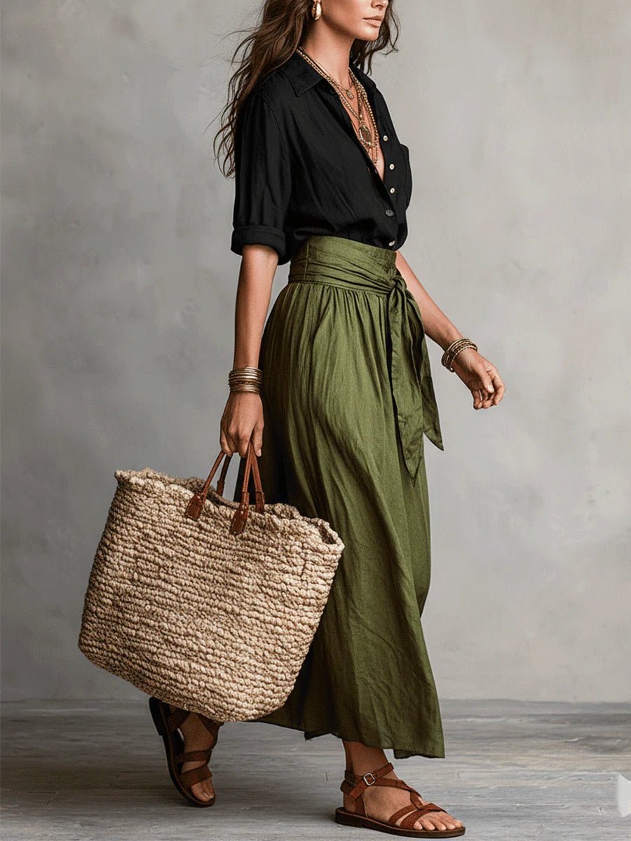 Madison | Women's High Waist Button Up Two Piece Maxi Set - Black Cotton