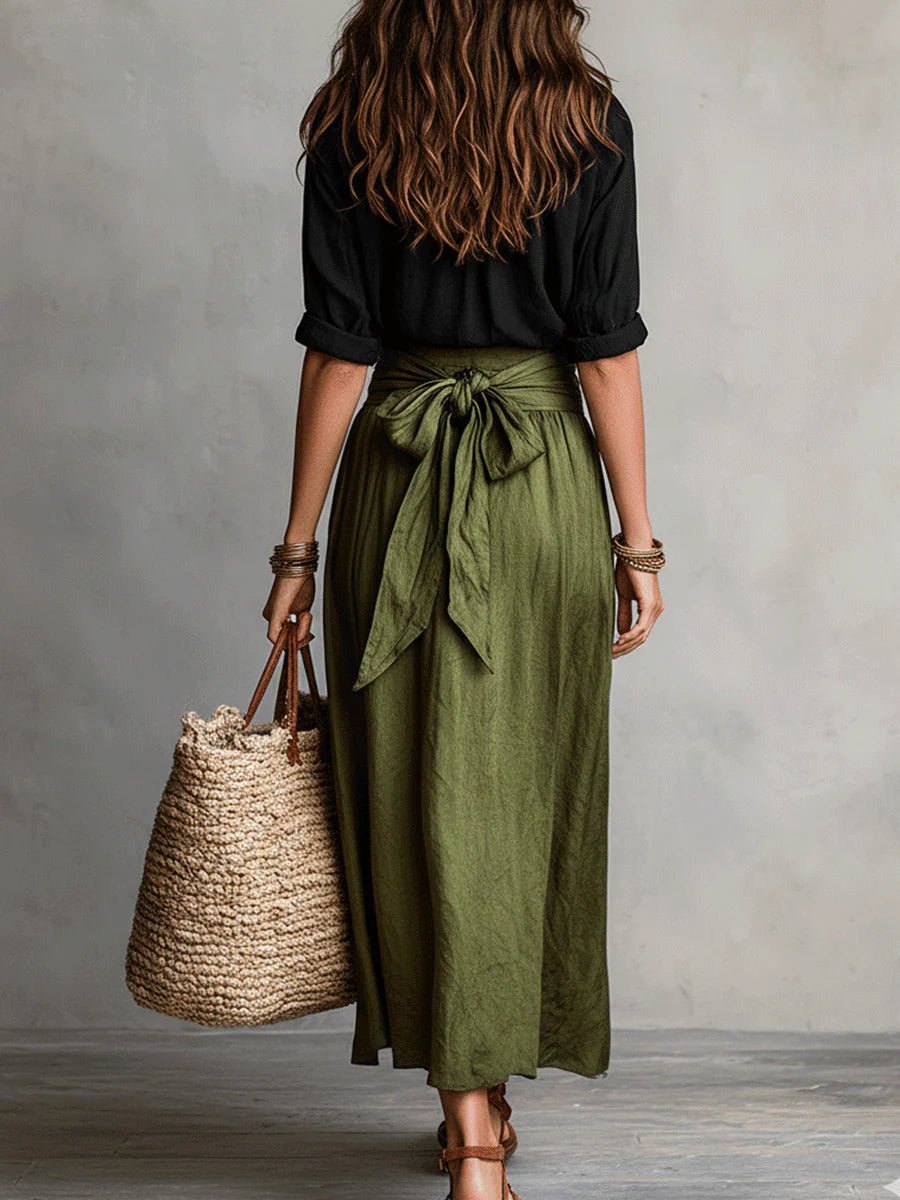 Madison | Women's High Waist Button Up Two Piece Maxi Set - Black Cotton
