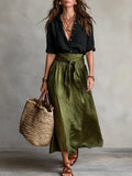 Sienna | Women's High-Waist Button-Up Two-Piece Set - Beige Cotton