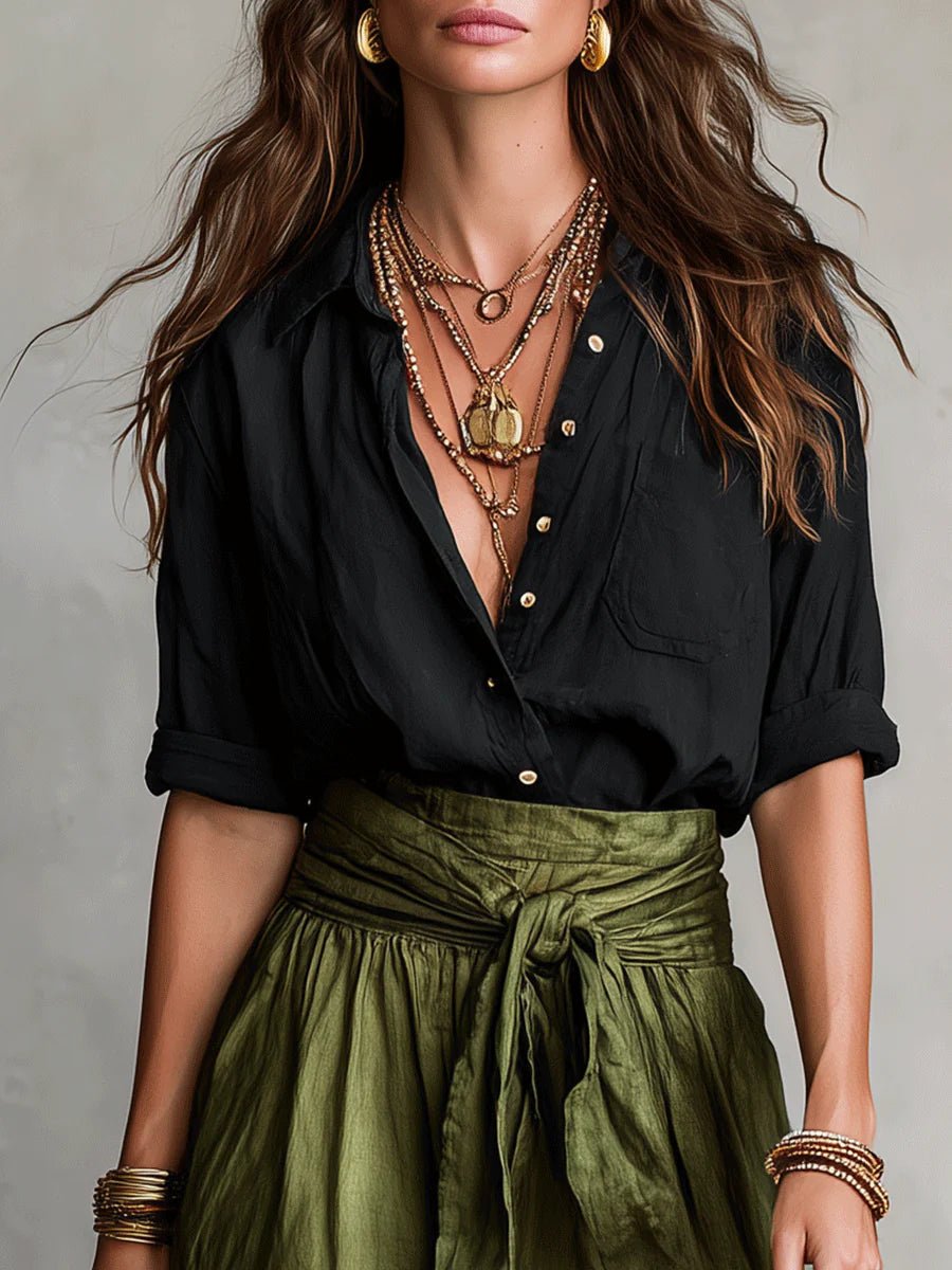 Sienna | Women's High-Waist Button-Up Two-Piece Set - Beige Cotton