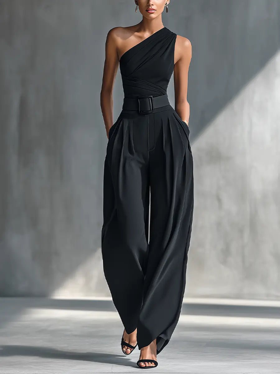 Florence | One-Shoulder Knit Top and Wide-Leg Trouser Set - Black