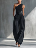 Florence | One-Shoulder Knit Top and Wide-Leg Trouser Set - Black