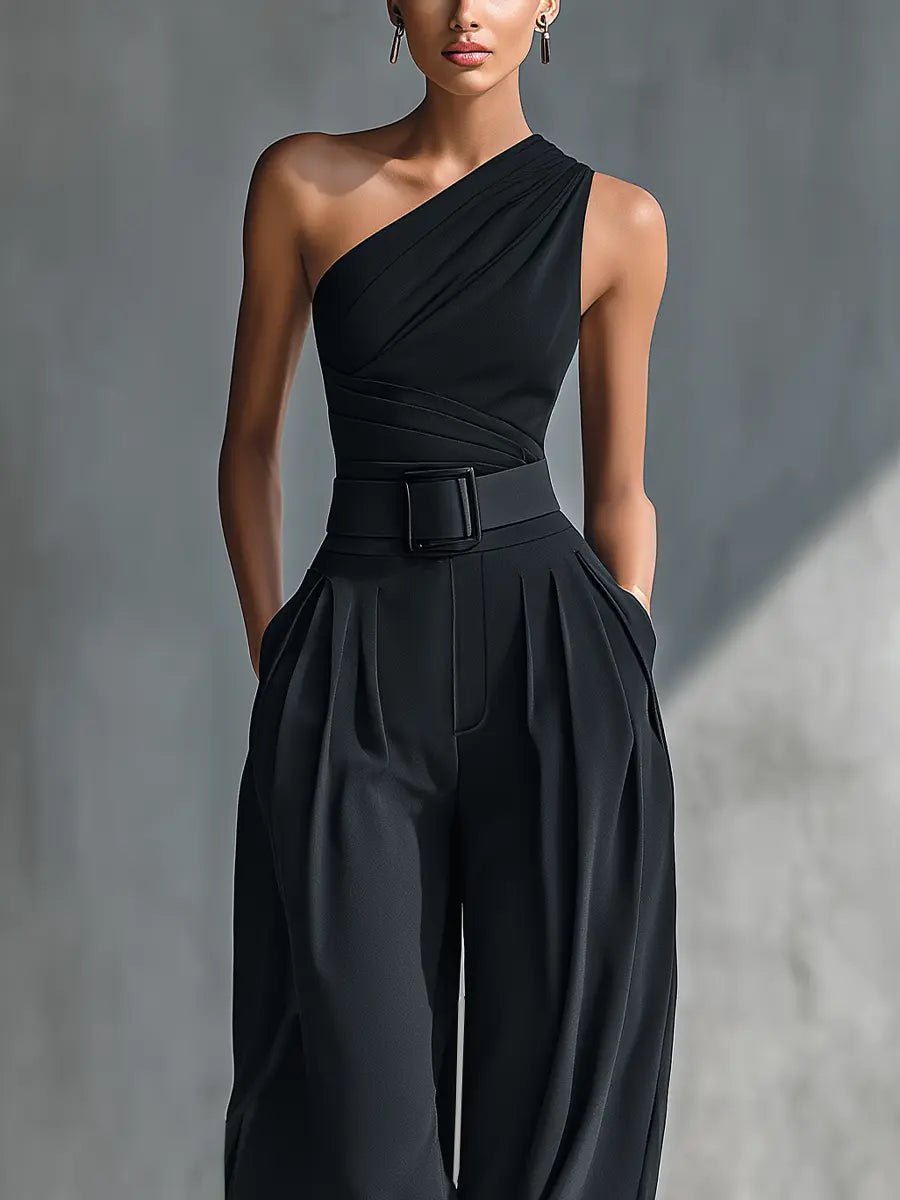 Florence | One-Shoulder Knit Top and Wide-Leg Trouser Set - Black
