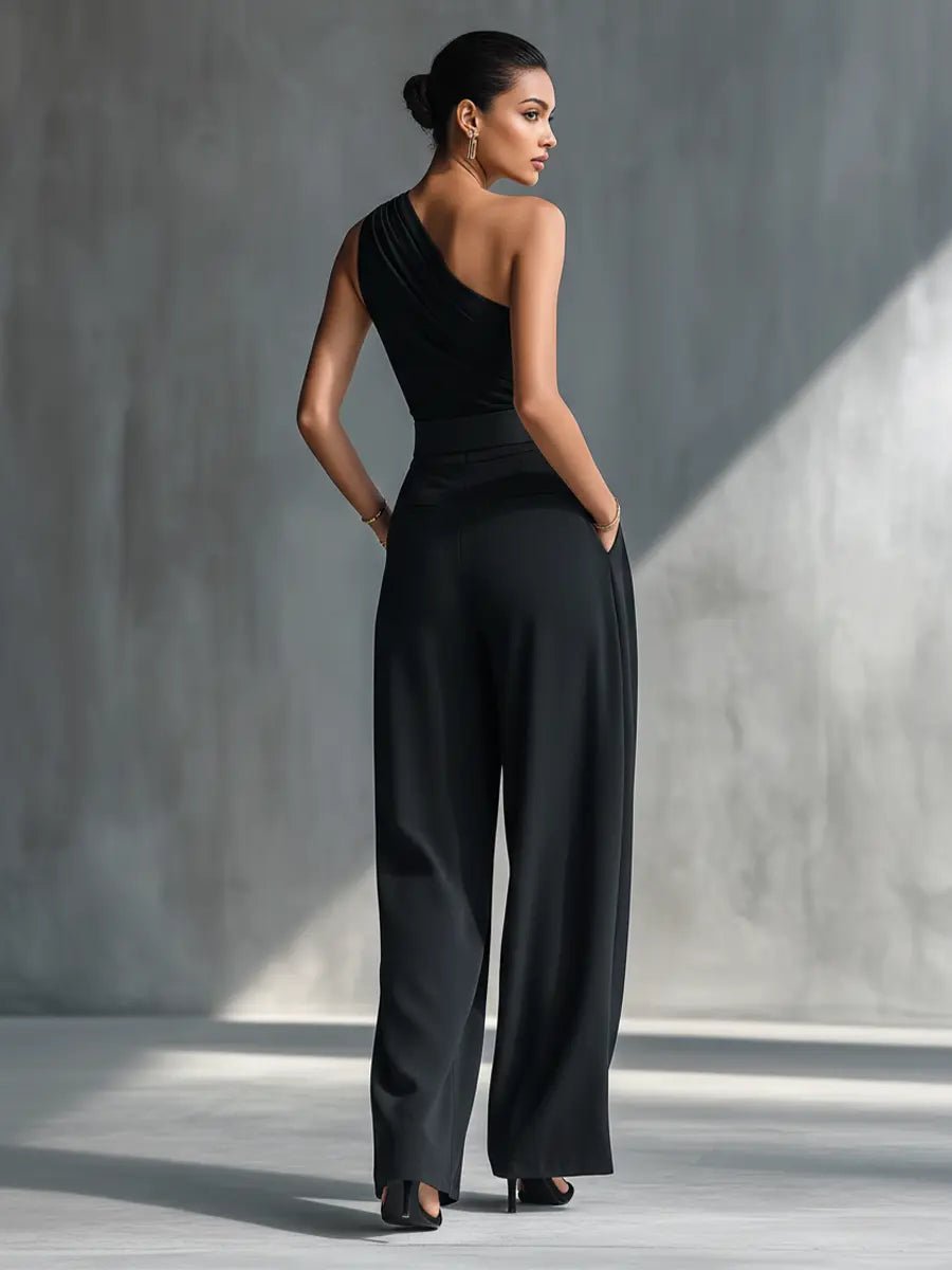 Florence | One-Shoulder Knit Top and Wide-Leg Trouser Set - Black
