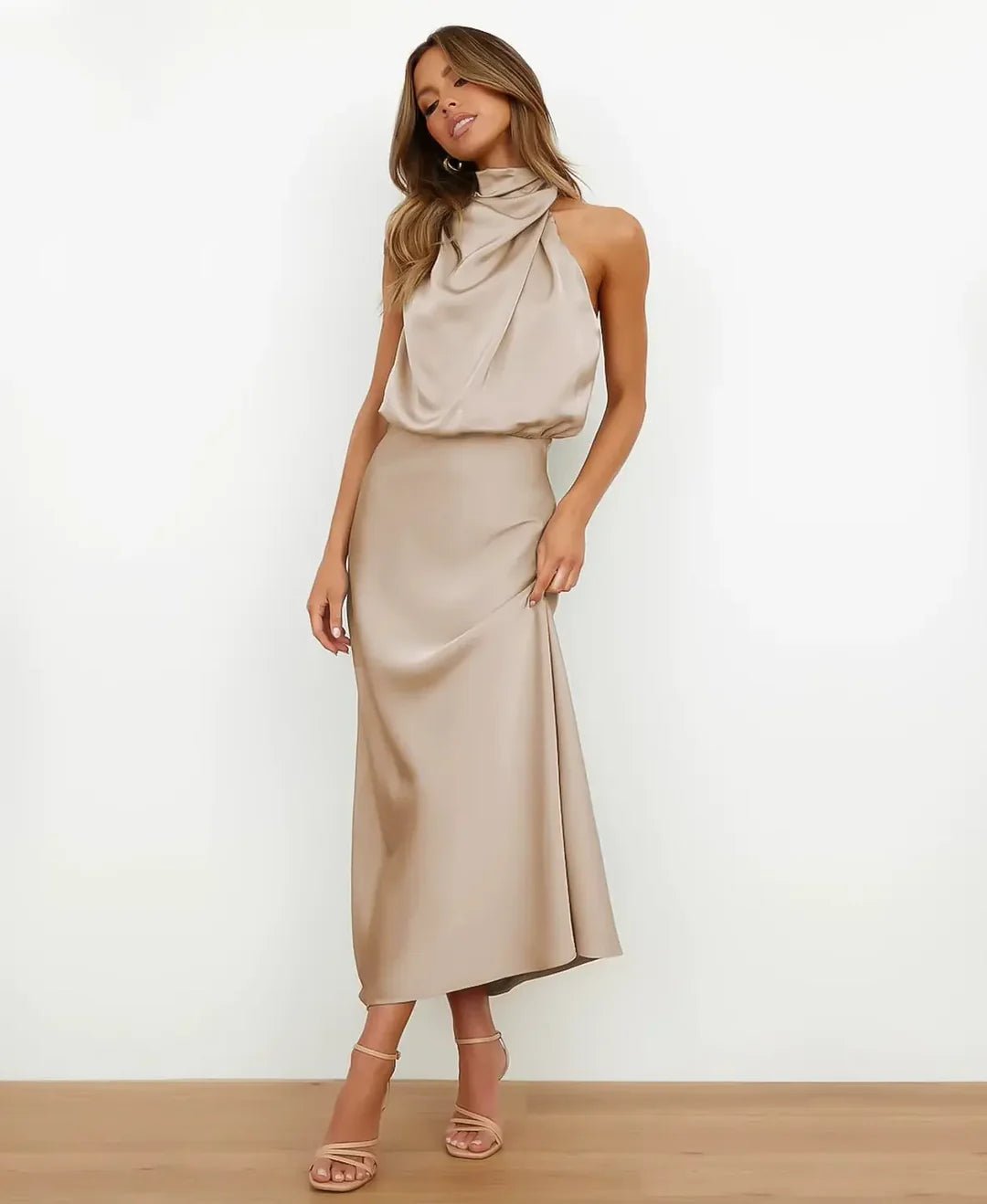 Mia | Satin Halter-Neck Midi Dress - Blush