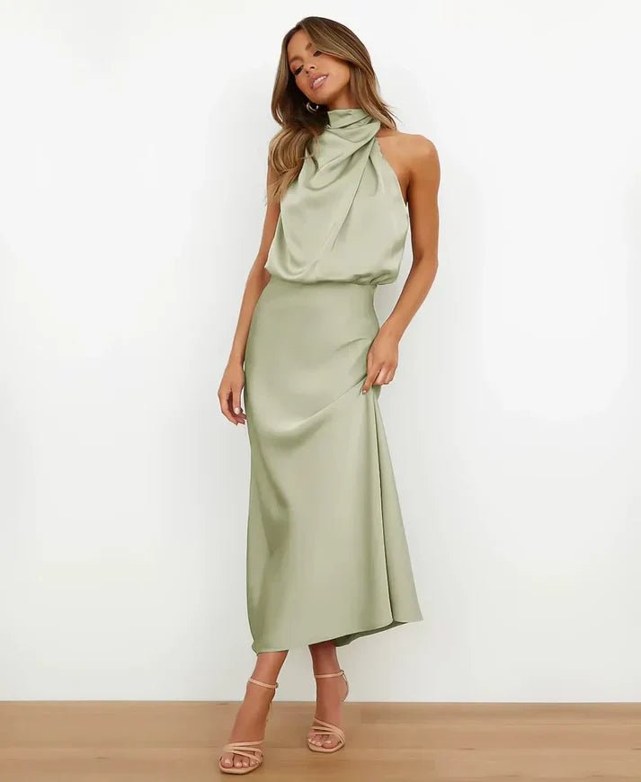 Mia | Satin Halter-Neck Midi Dress - Blush