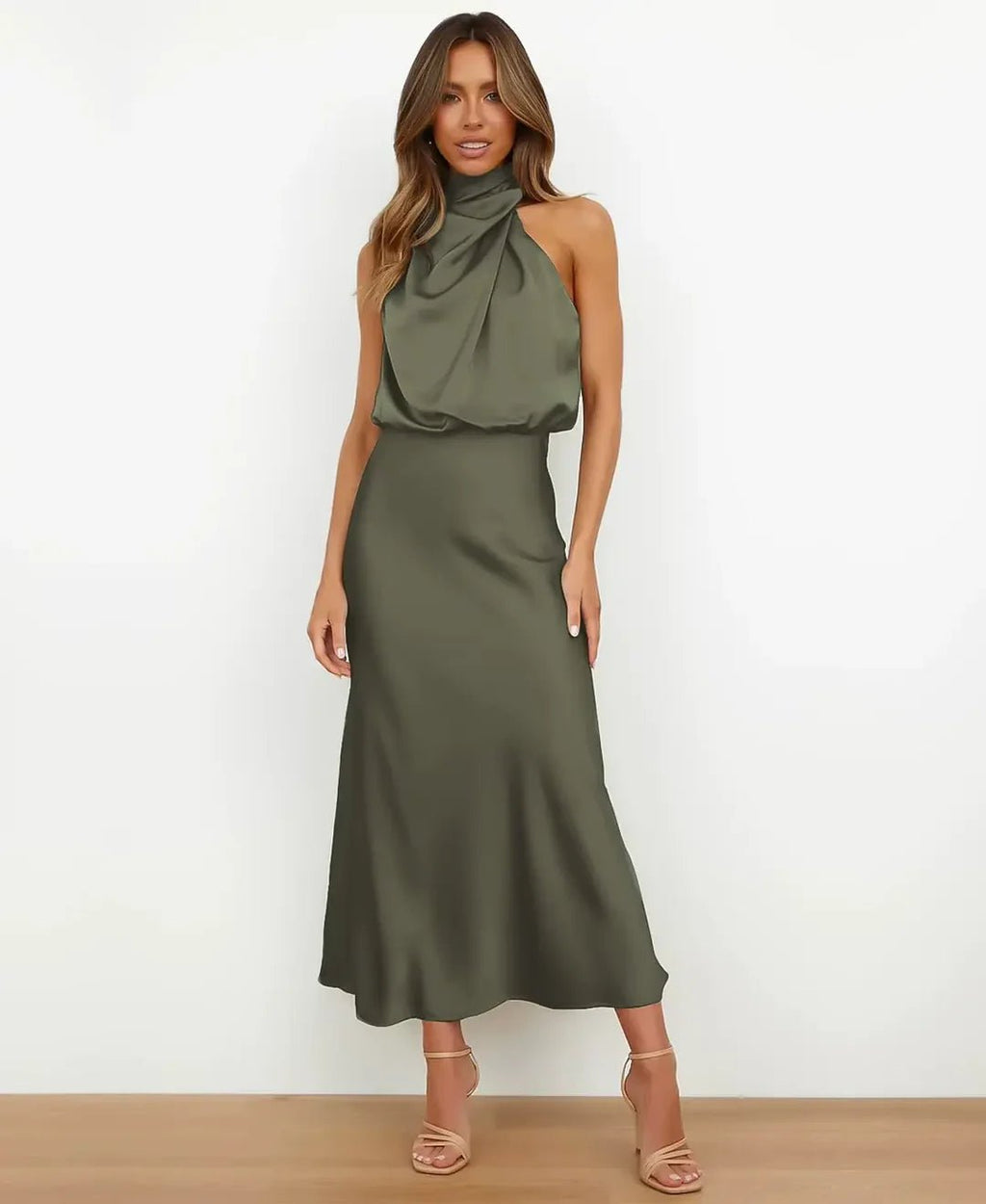 Mia | Satin Halter-Neck Midi Dress - Blush