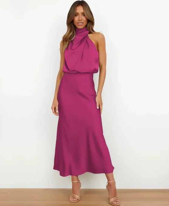 Mia | Satin Halter-Neck Midi Dress - Blush