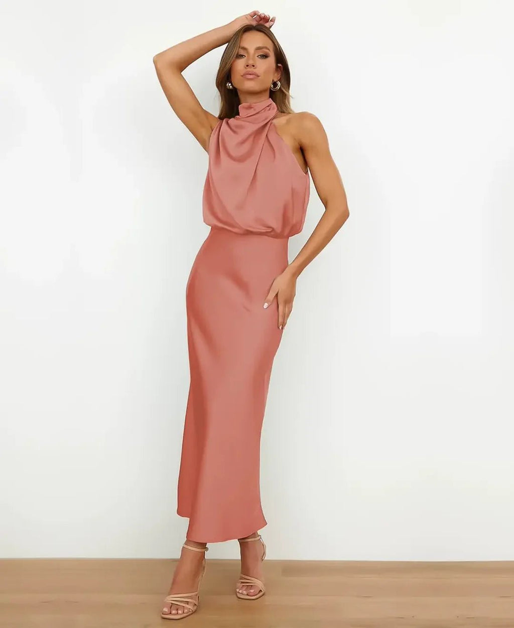 Mia | Satin Halter-Neck Midi Dress - Blush