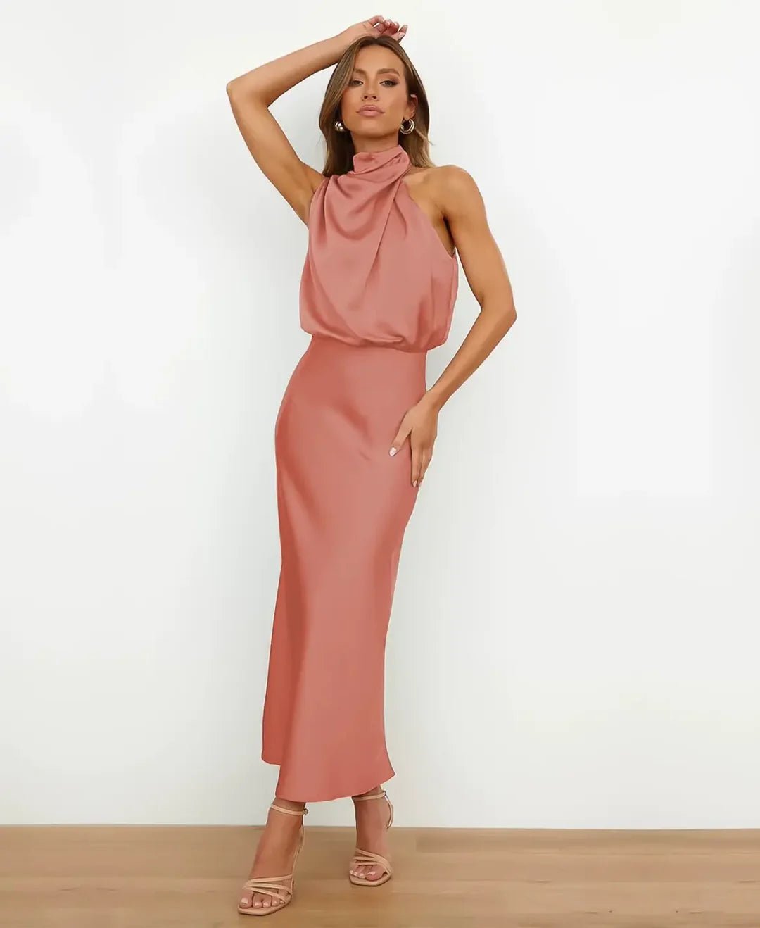 Mia | Satin Halter-Neck Midi Dress - Blush
