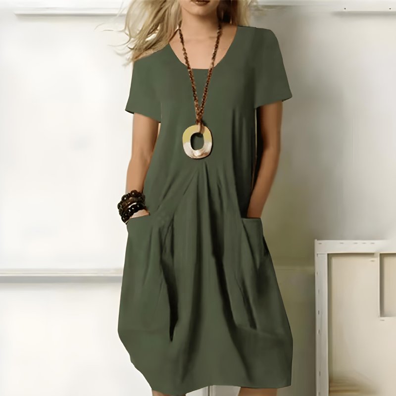 Madison | Short-Sleeve Relaxed-Fit Midi Dress - Blue Cotton
