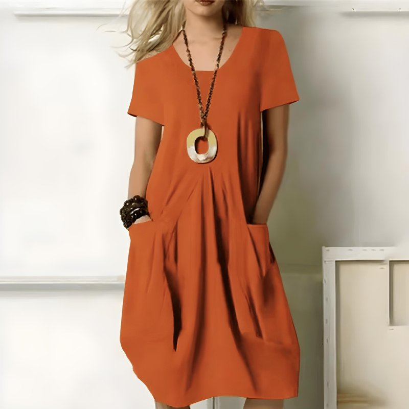 Madison | Short-Sleeve Relaxed-Fit Midi Dress - Blue Cotton