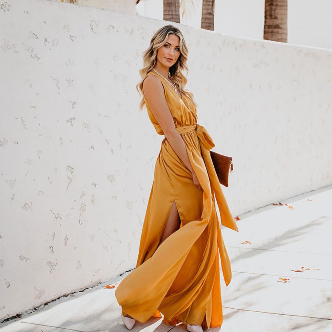 Evelyn | Sleeveless Belted Maxi Dress - Blue Cotton Side Slit